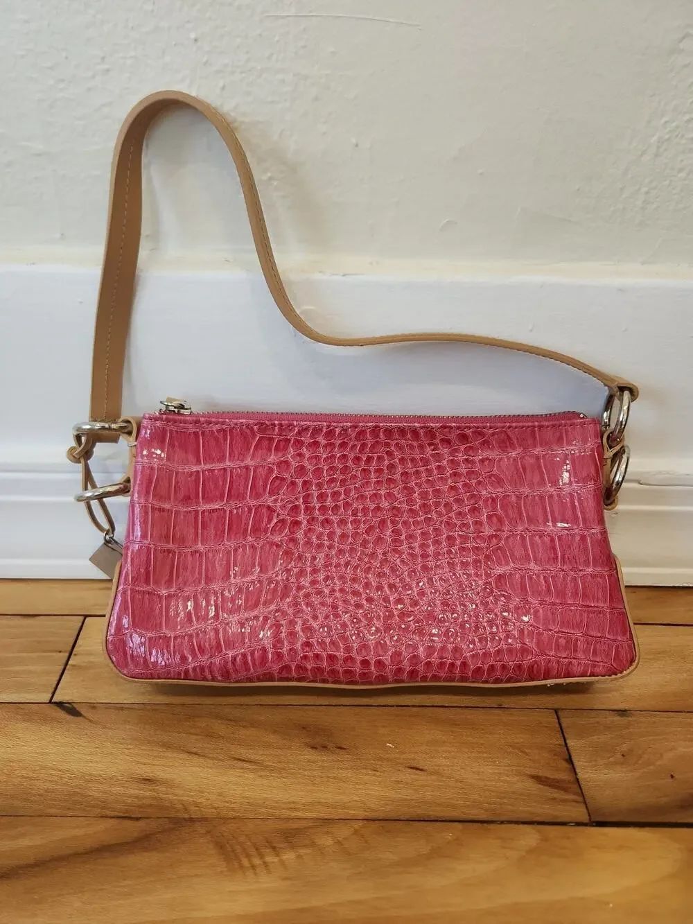 BCBG Girls Pink Alligator Croc Embossed Satchel Handbag Top Handle Bag